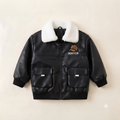 Kids Faux-Leather Aviator Bomber Jacket- Black