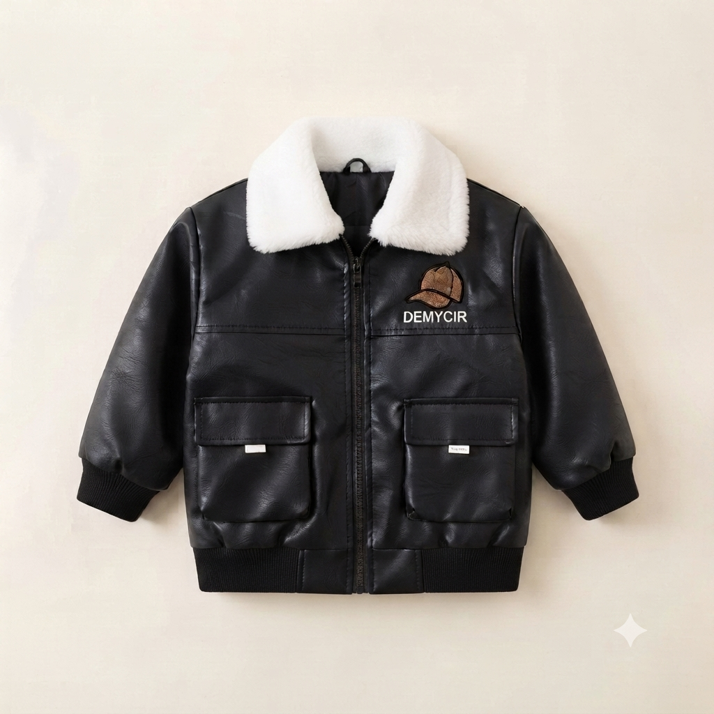 Kids Faux-Leather Aviator Bomber Jacket- Black