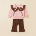 Pink and Brown Ruffle Collar Zip-Up Jacket and Flare Pants Set