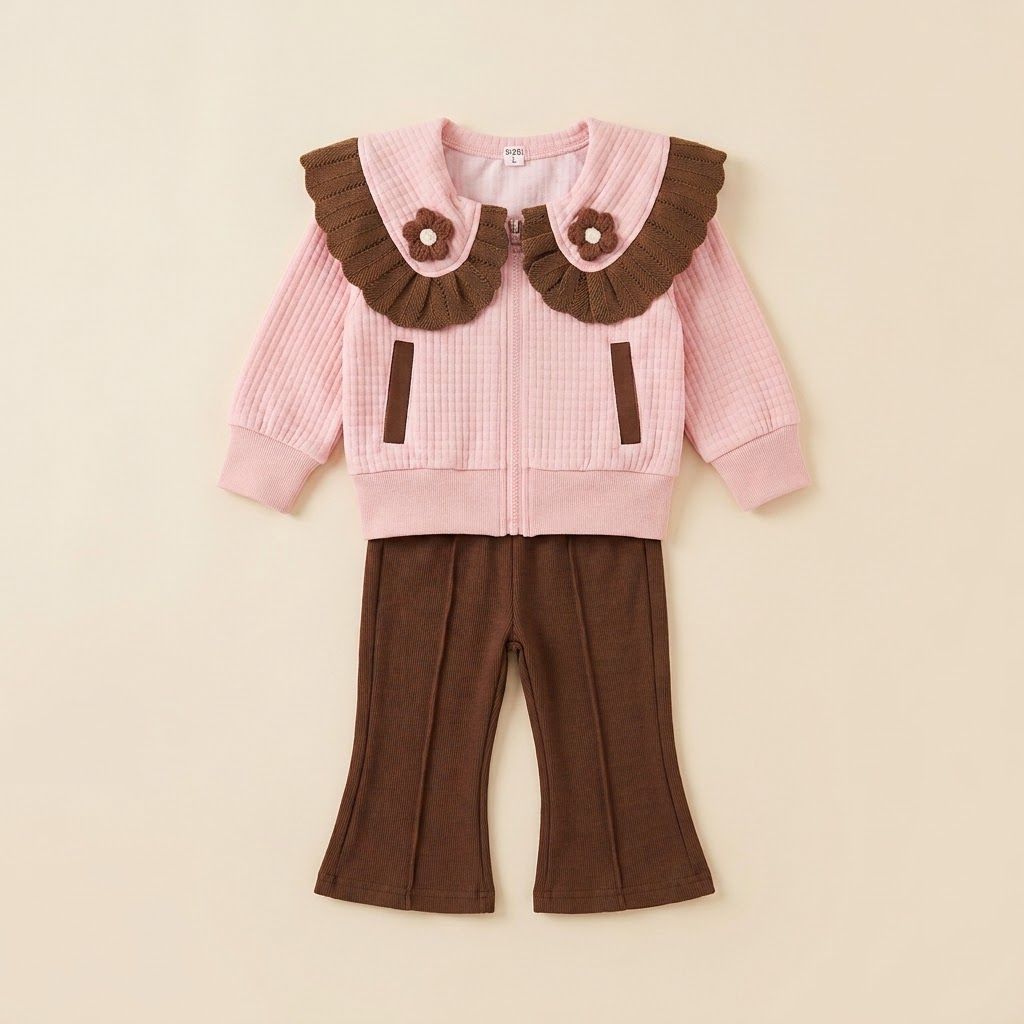 Pink and Brown Ruffle Collar Zip-Up Jacket and Flare Pants Set