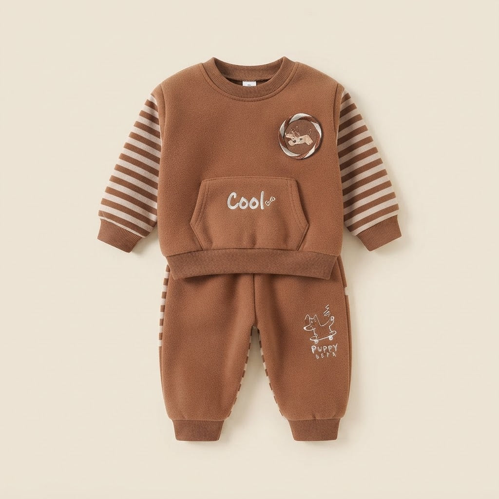Cool Fleece Sweatshirt & Striped Trousers Set- Rust