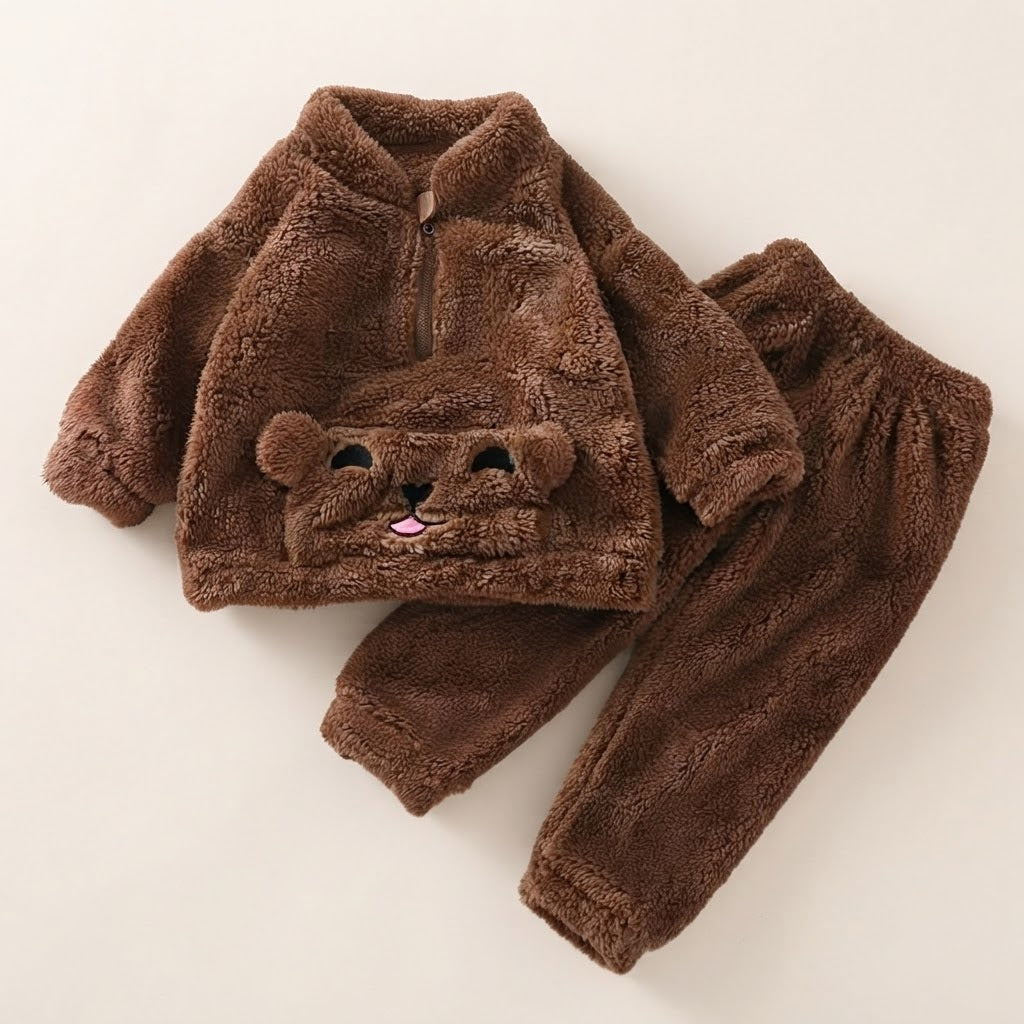 Cute Brown Bear Fluffy Winter Tracksuit for Kids