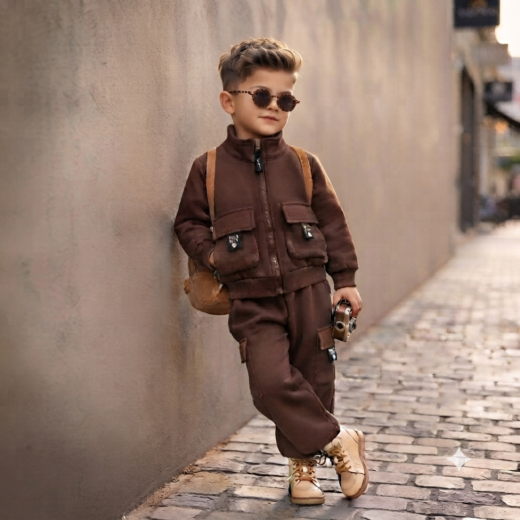 Unisex Kids Fleece Cargo Tracksuit Set-Brown