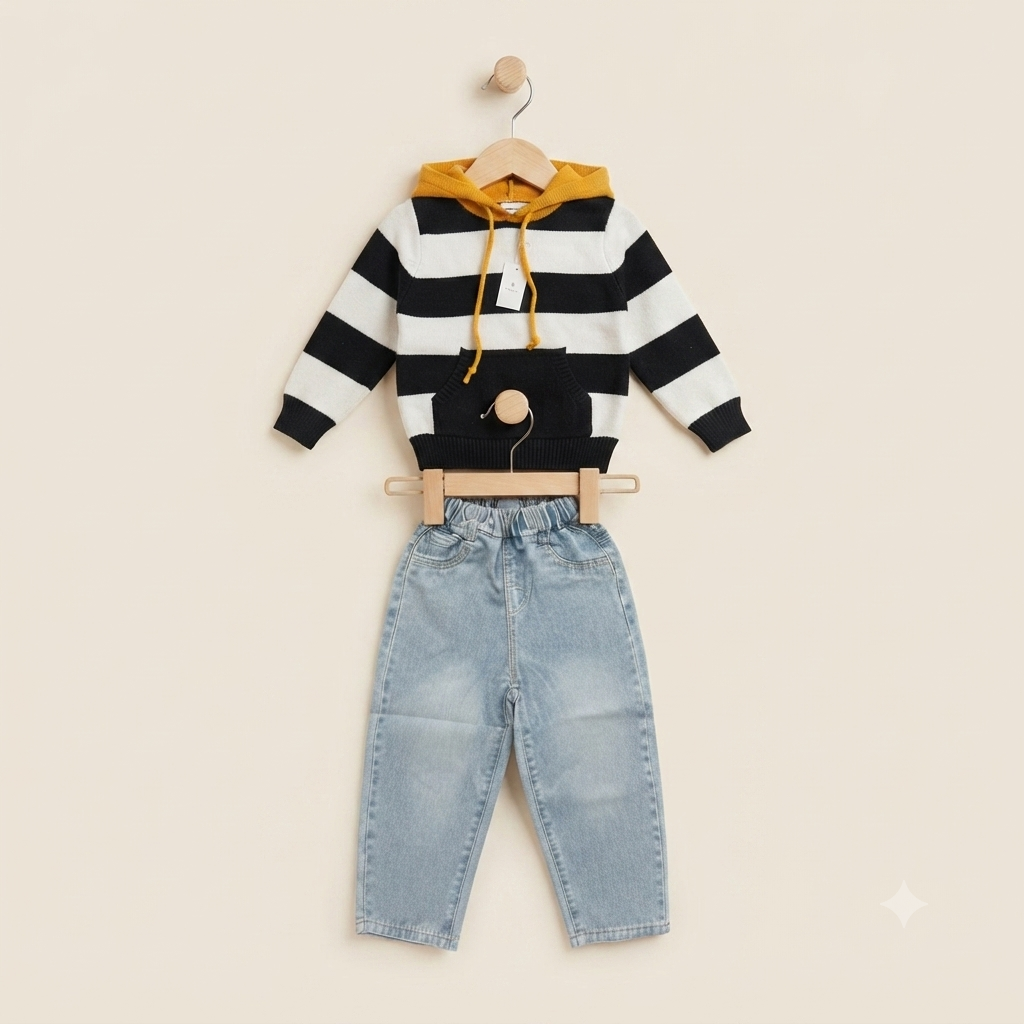 Monochrome Stripe Sherpa-Lined Hoodie & Denim Set