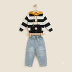 Monochrome Stripe Sherpa-Lined Hoodie & Denim Set