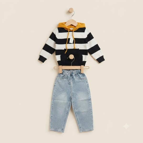 Monochrome Stripe Sherpa-Lined Hoodie & Denim Set