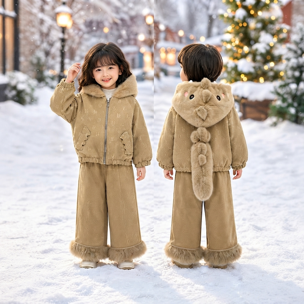Kids Cute Dinosaur 2-Piece Winter leather jacket with Faux Fur Trim and Hood-Brown