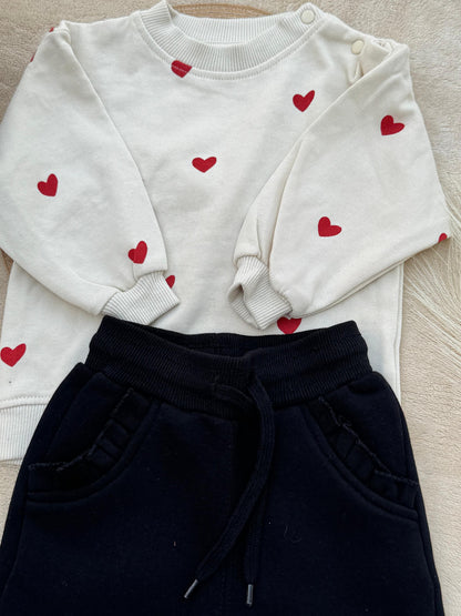 Cream Heart Fleece Sweatshirt & Black Trouser Set