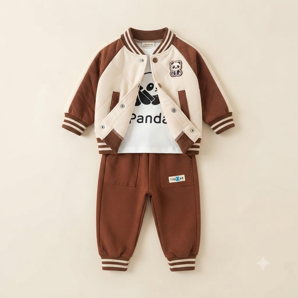 Toddler Boy Brown & Cream Panda Bomber Jacket Outfit Set