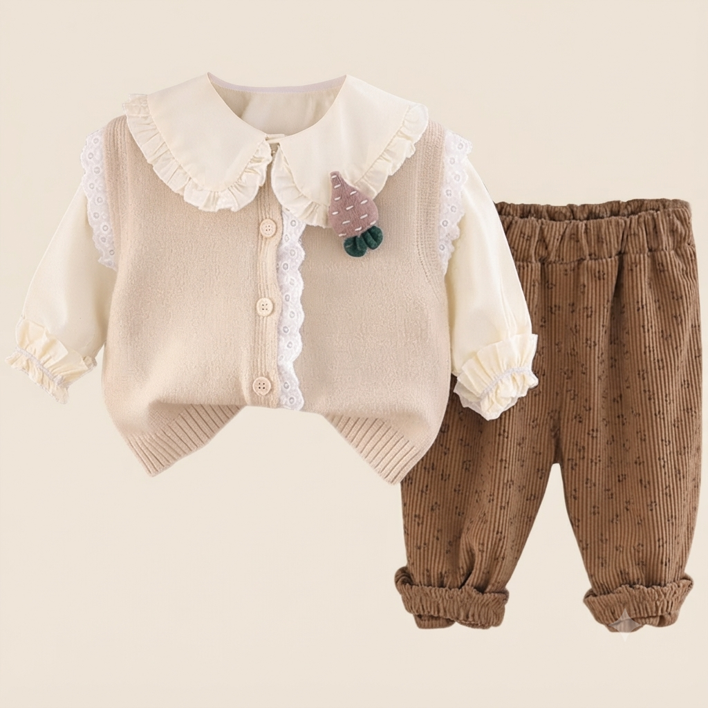 Baby Girl Knit Vest Blouse Corduroy Pants Outfit Set-Beige