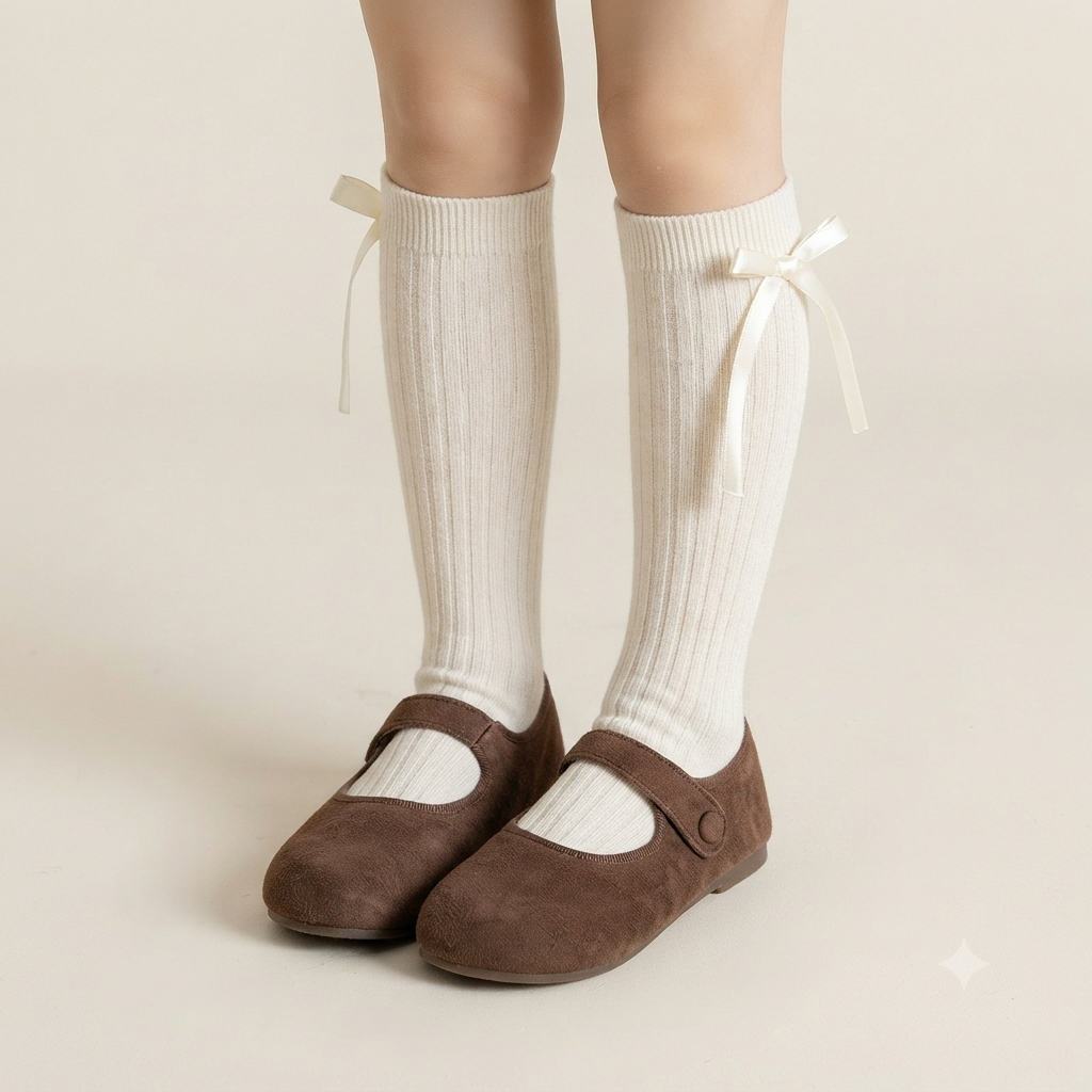 Girls Ribbed Knee-High Socks with Satin Bow Accents