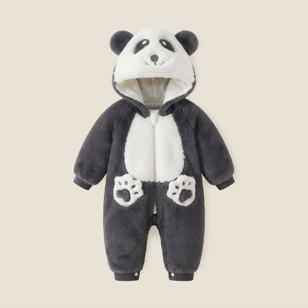 Fluffy Hooded Panda Baby Romper- Charcoal Grey