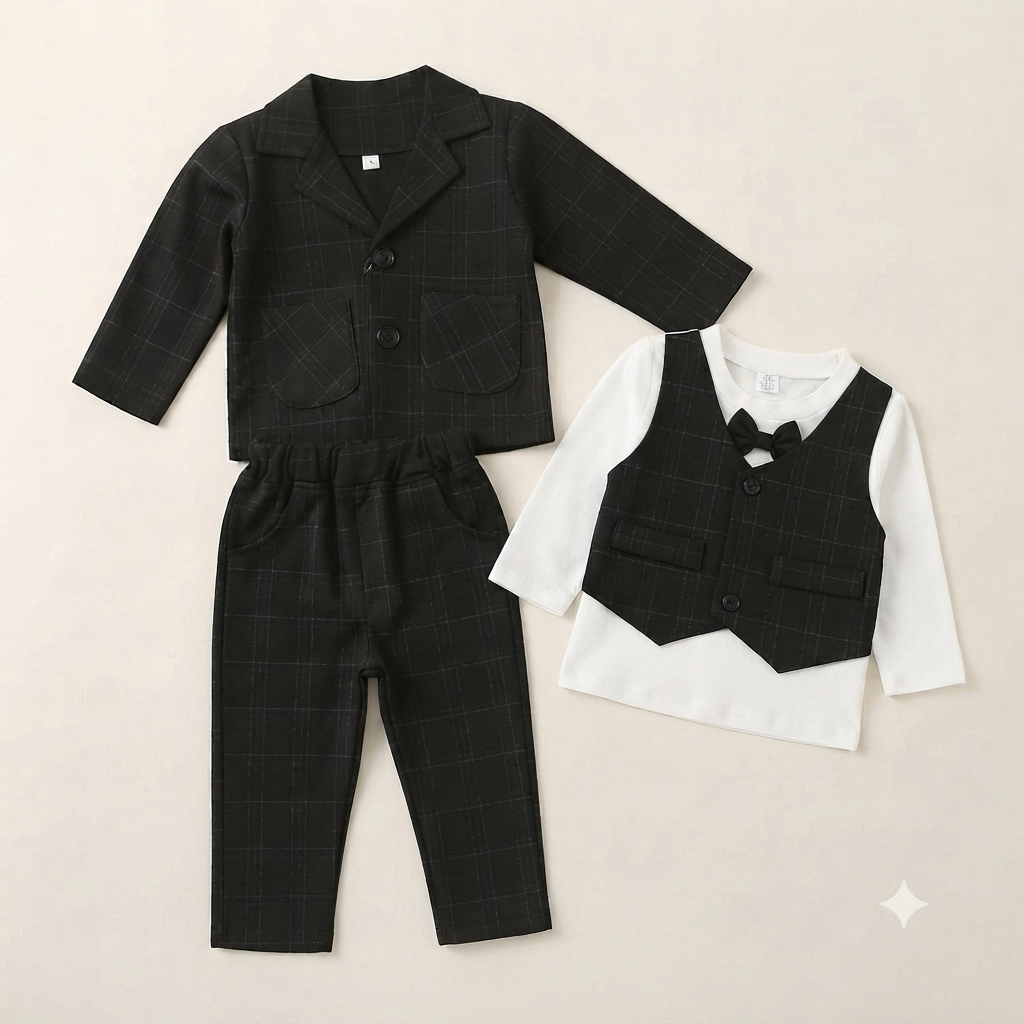 Little Gentleman Plaid Suit & Vest Birthday Outfit-Black
