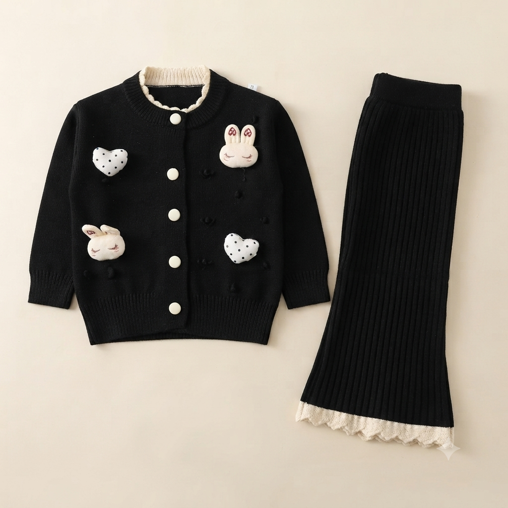 Cute Bunny and Heart Applique Knit Cardigan and Pants Set-Black