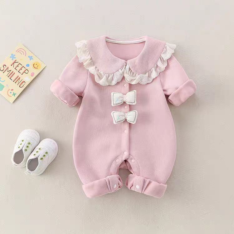 Sweet Pink Ruffled Collar Bow Baby Romper