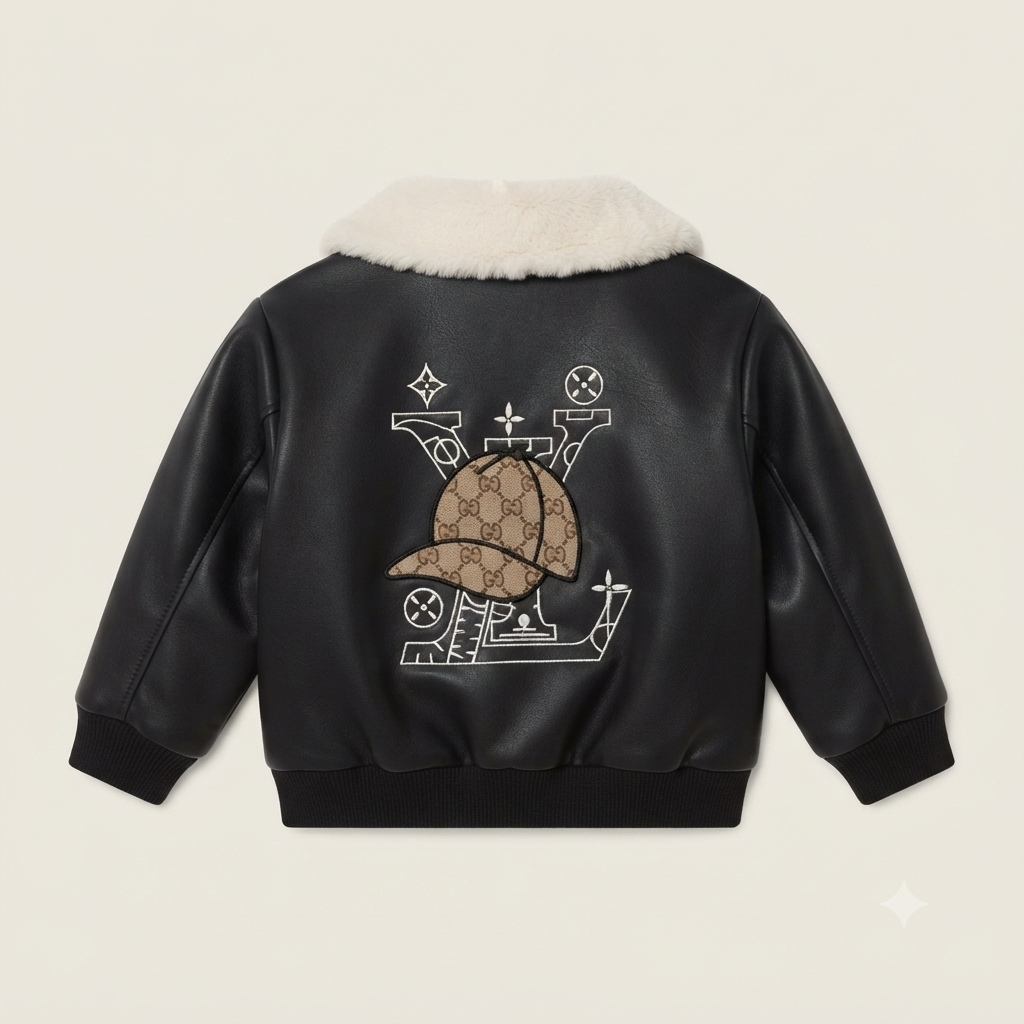 Kids Faux-Leather Aviator Bomber Jacket- Black
