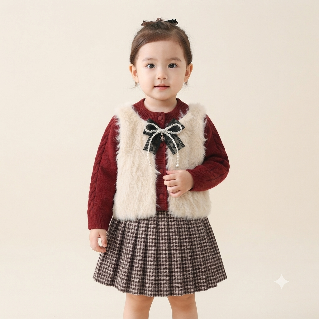 Toddler Girls Faux Fur Vest and Houndstooth Skirt Set- Maroon