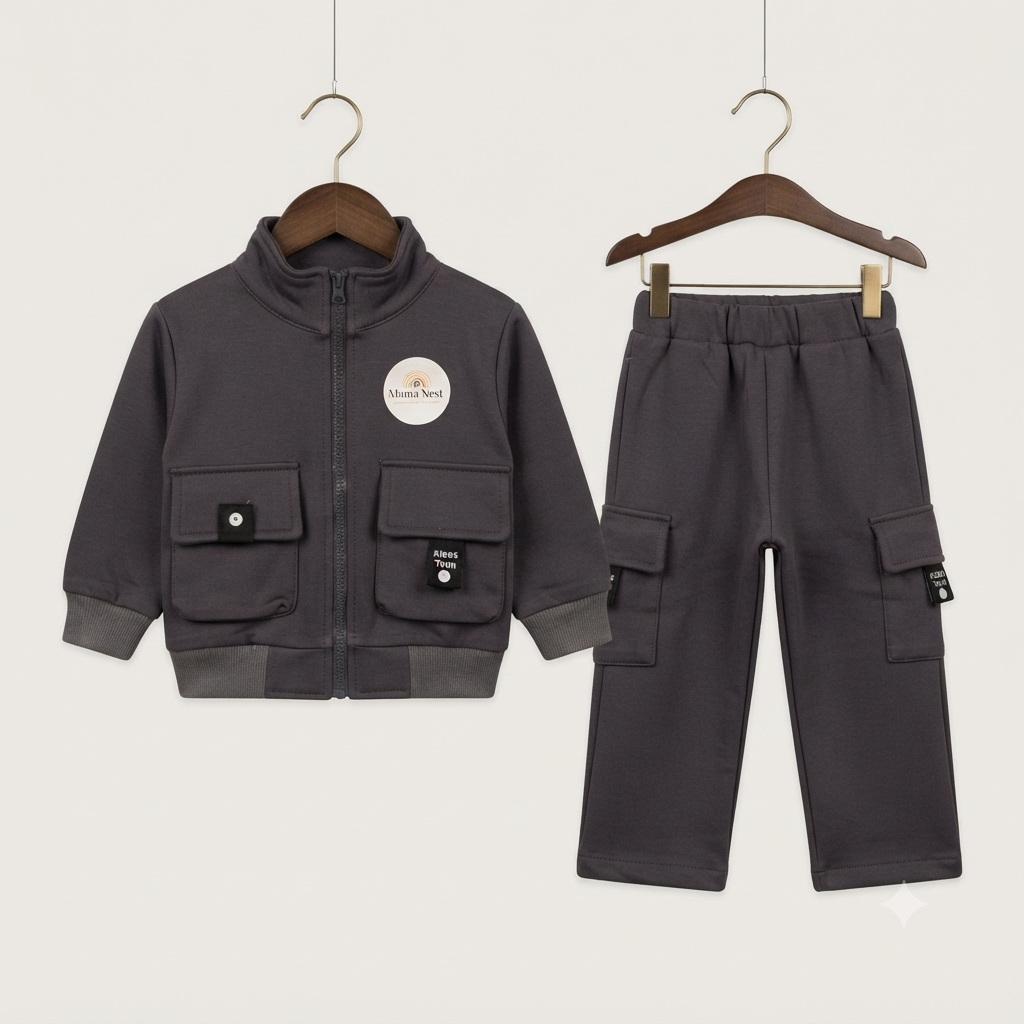 Unisex Kids Fleece Cargo Tracksuit Set-Black