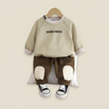 Khaki & Brown Green Kids Letter Print Fleece Sweatshirt and Patch Detail Pants Set
