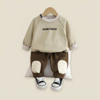 Khaki & Brown Green Kids Letter Print Fleece Sweatshirt and Patch Detail Pants Set