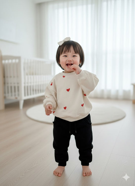 Cream Heart Fleece Sweatshirt & Black Trouser Set