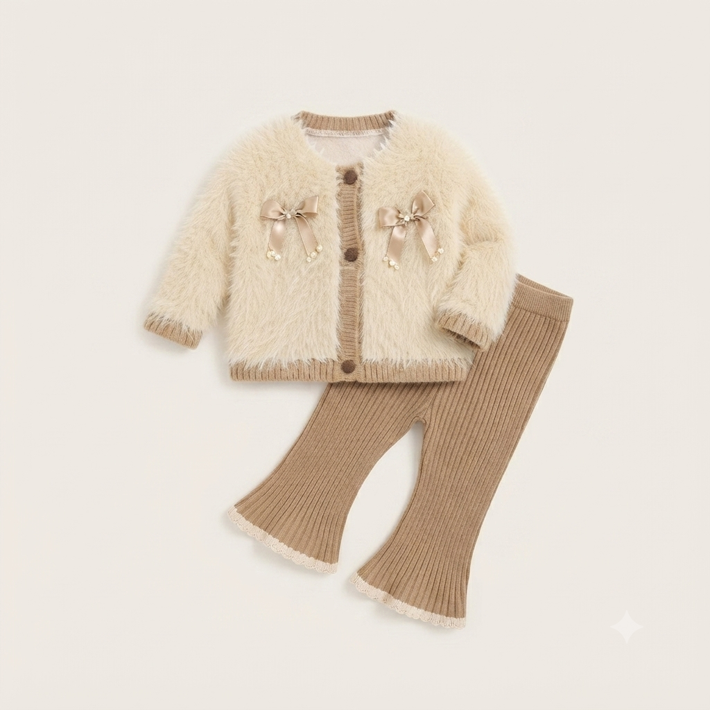 Cream Bow Knit Cardigan Set