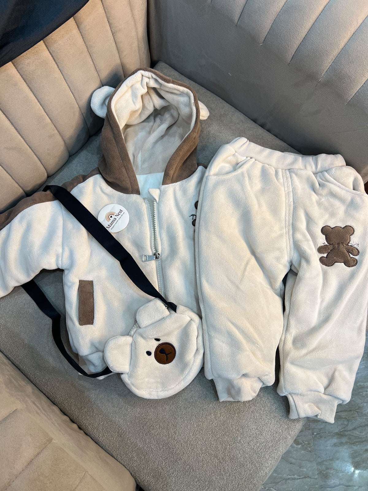 Toddler Cuddle Thick Bear 3-Piece Tracksuit- Cream Brown