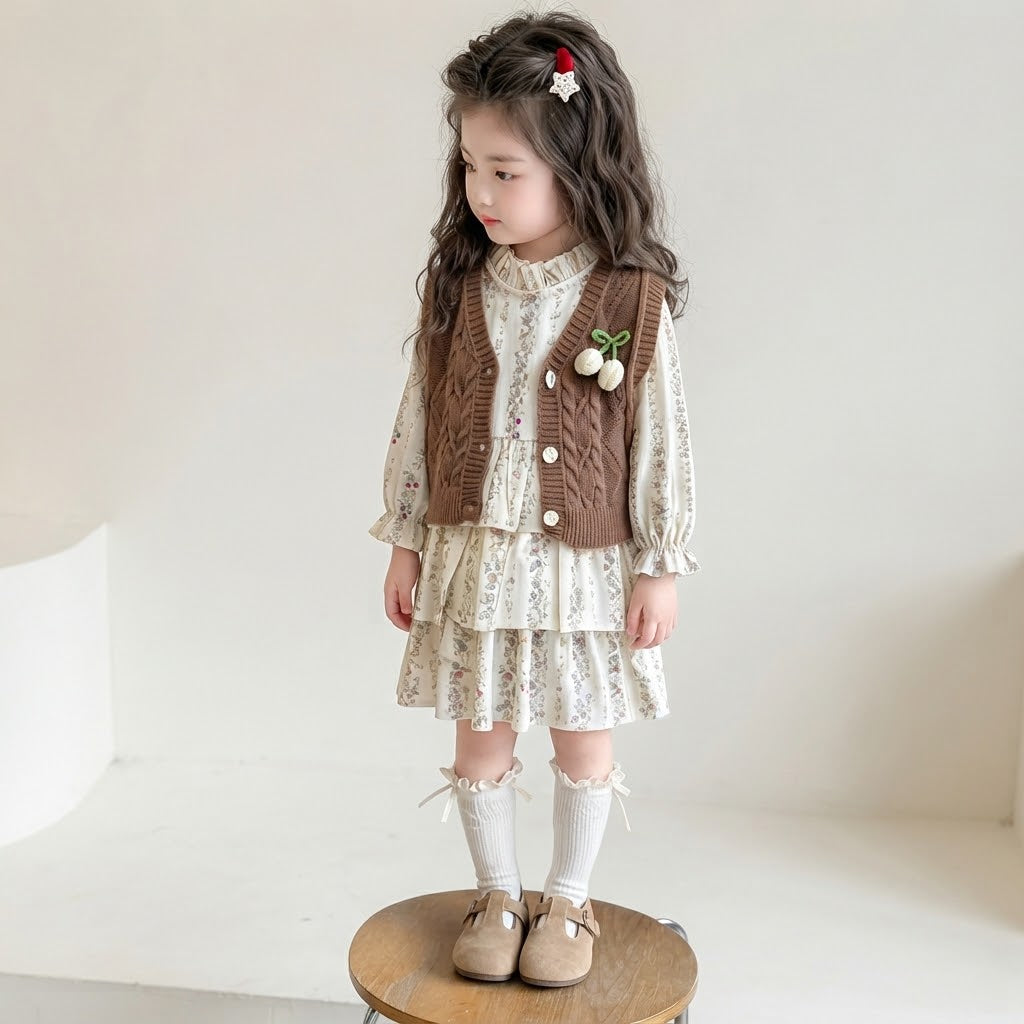Cozy Cable Knit Vest & Floral Ruffle Dress 2-Piece Set