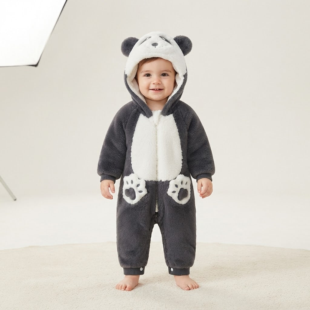 Fluffy Hooded Panda Baby Romper- Charcoal Grey
