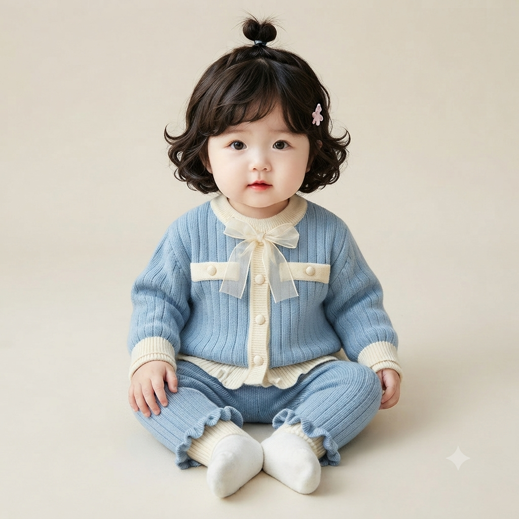 Bow Accent Ribbed Knit Cardigan and Pants Set