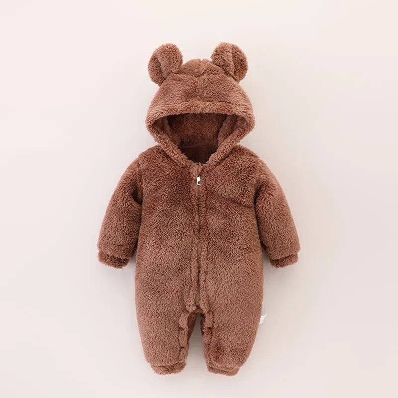 Cozy Bear Faux-Sherpa Baby Romper with Hood