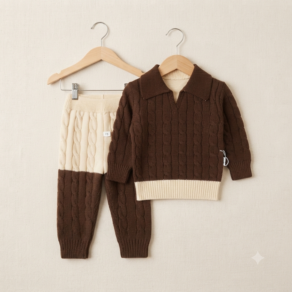 Baby & Toddler Collared Cable Knit Sweater and Pants Set- Brown