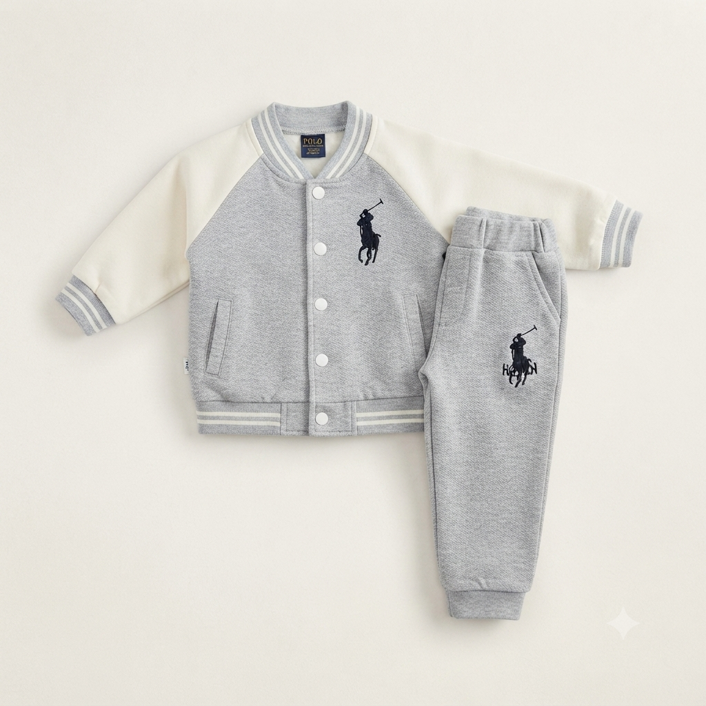 Polo Boy 3-Piece Varsity Jacket, Striped Hoodie, and Jogger Set-Grey