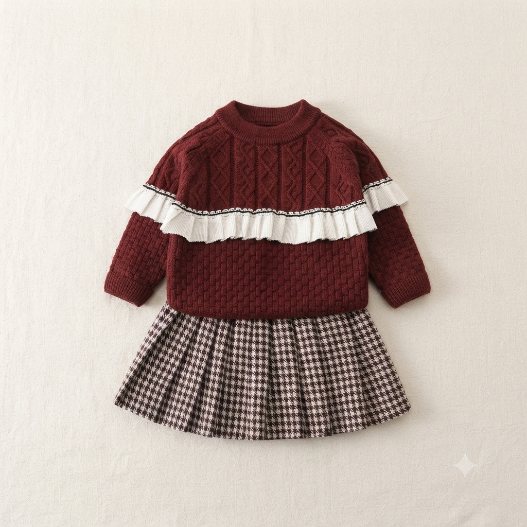 Toddler Girls Cable Knit Sweater and Houndstooth Pleated Skirt Set - Maroon