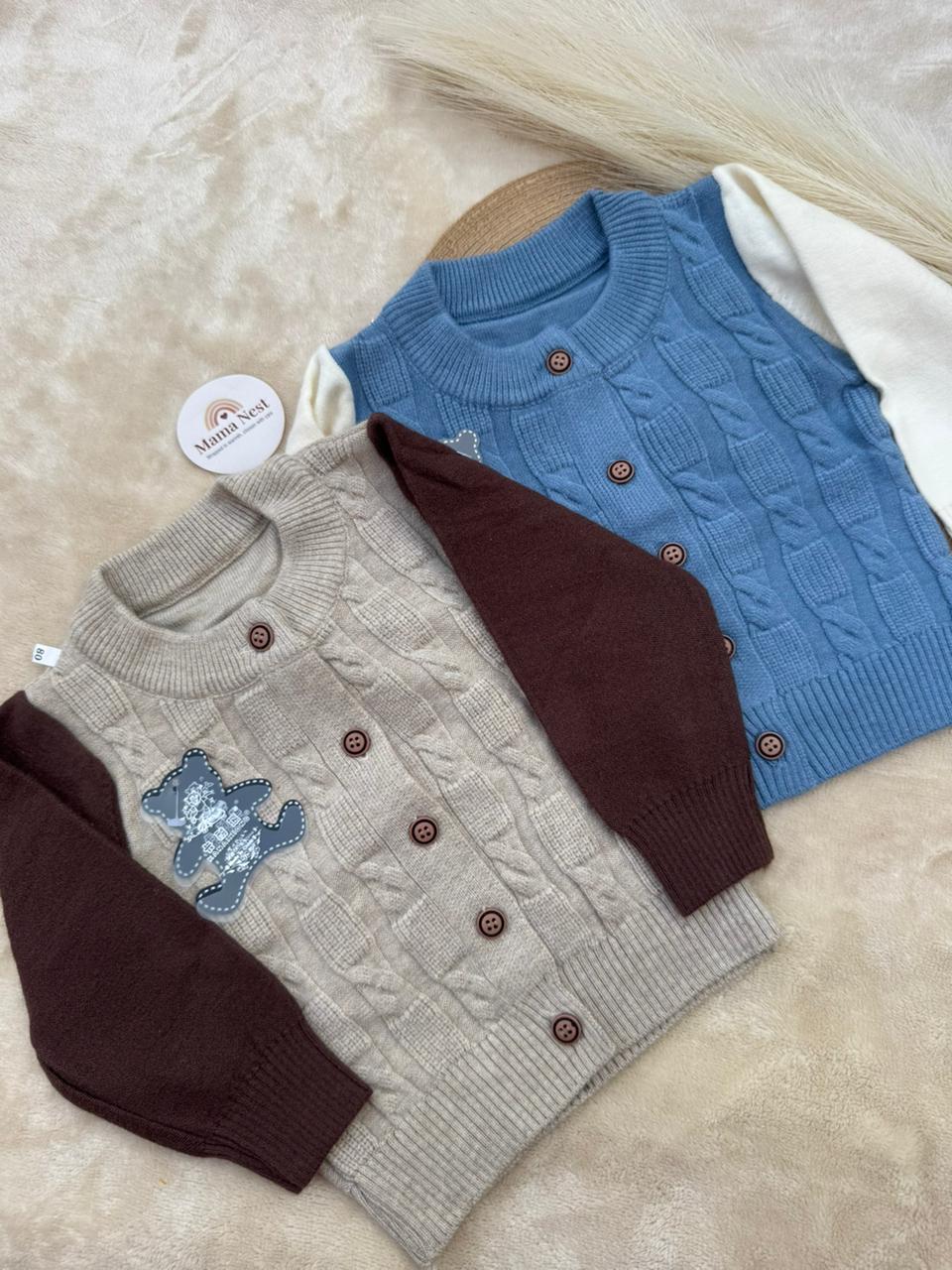 Two-Tone Teddy Cable Knit Cardigan (Blue & Cream)