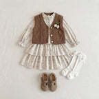 Cozy Cable Knit Vest & Floral Ruffle Dress 2-Piece Set