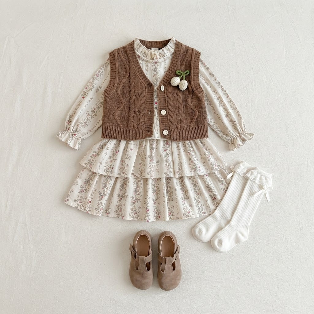 Cozy Cable Knit Vest & Floral Ruffle Dress 2-Piece Set