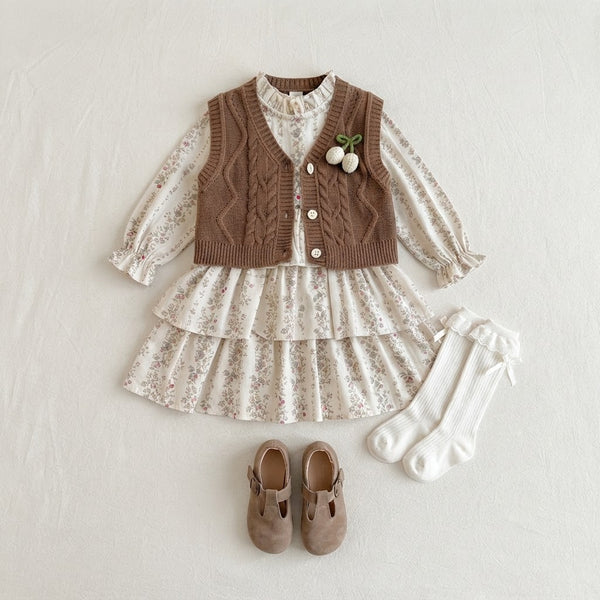Cozy Cable Knit Vest & Floral Ruffle Dress 2-Piece Set
