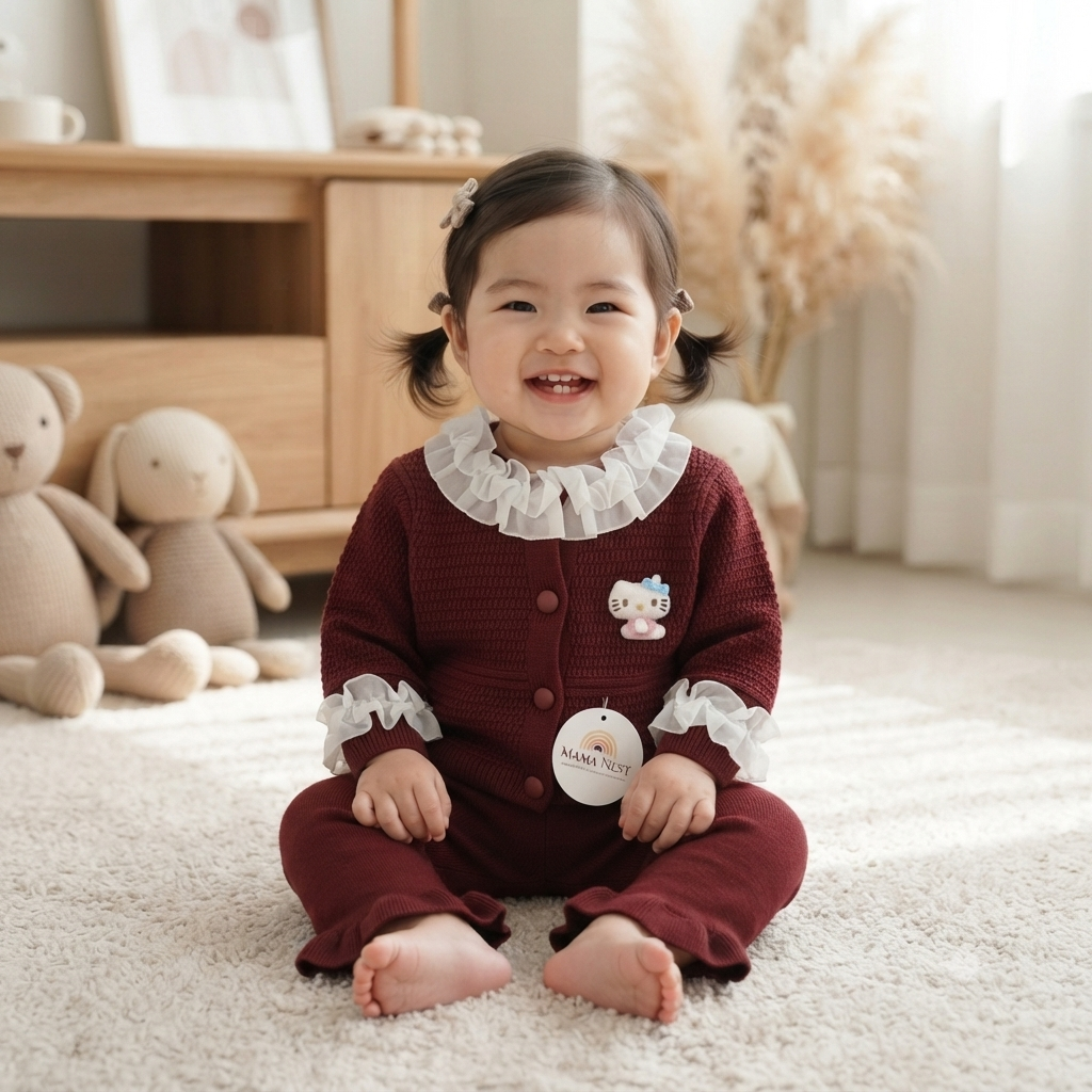 Maroon Knit Ruffle Top & Trouser Set with White Organza Collar