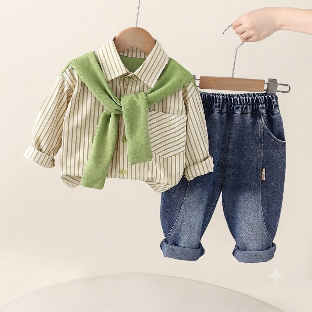 Boys Green Stripe Top & Rolled-Cuff Denim Pants Outfit