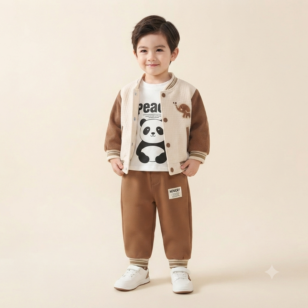 Baby Boy Elephant Print Jogger Set in Brown
