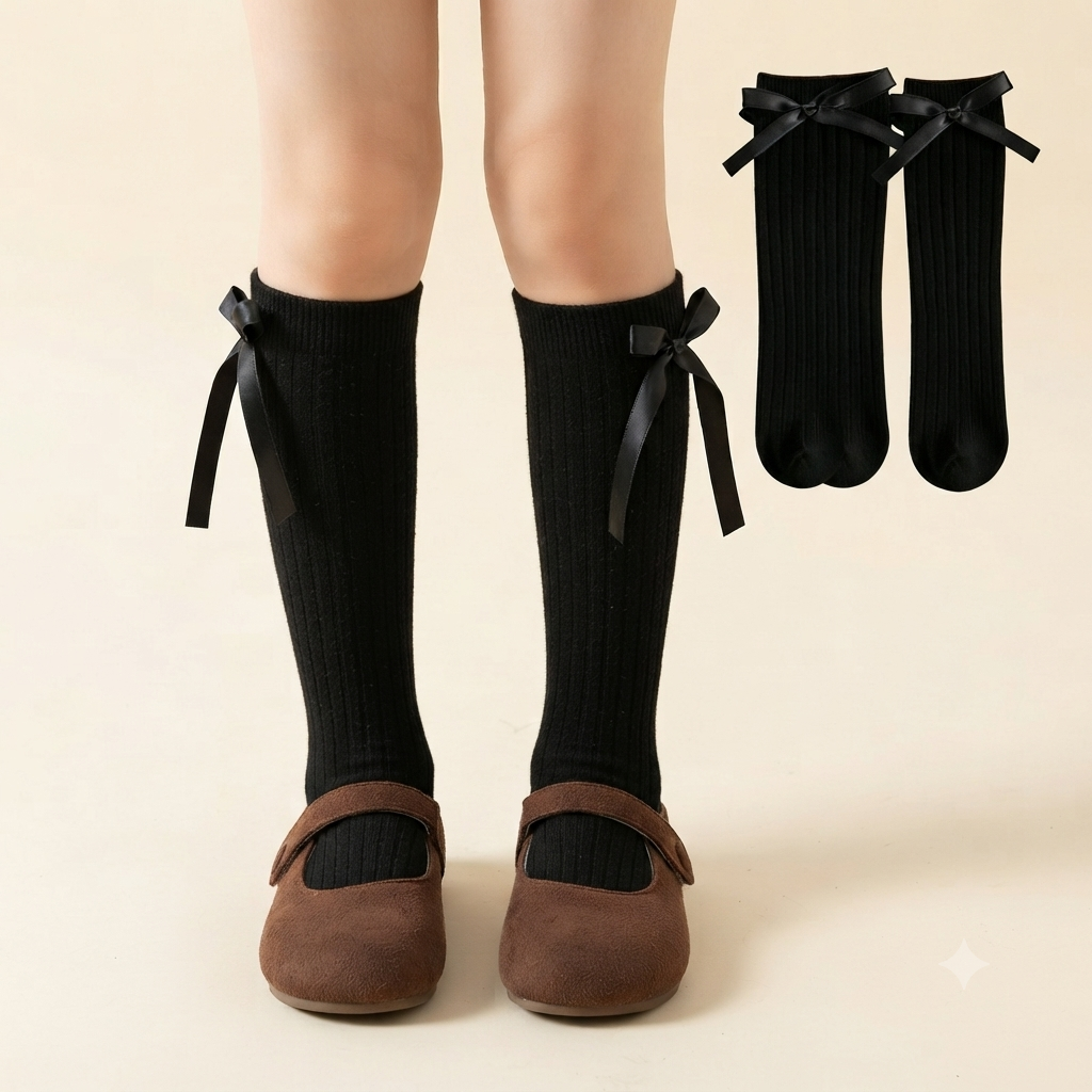 Girls Ribbed Knee-High Socks with Satin Bow Accents