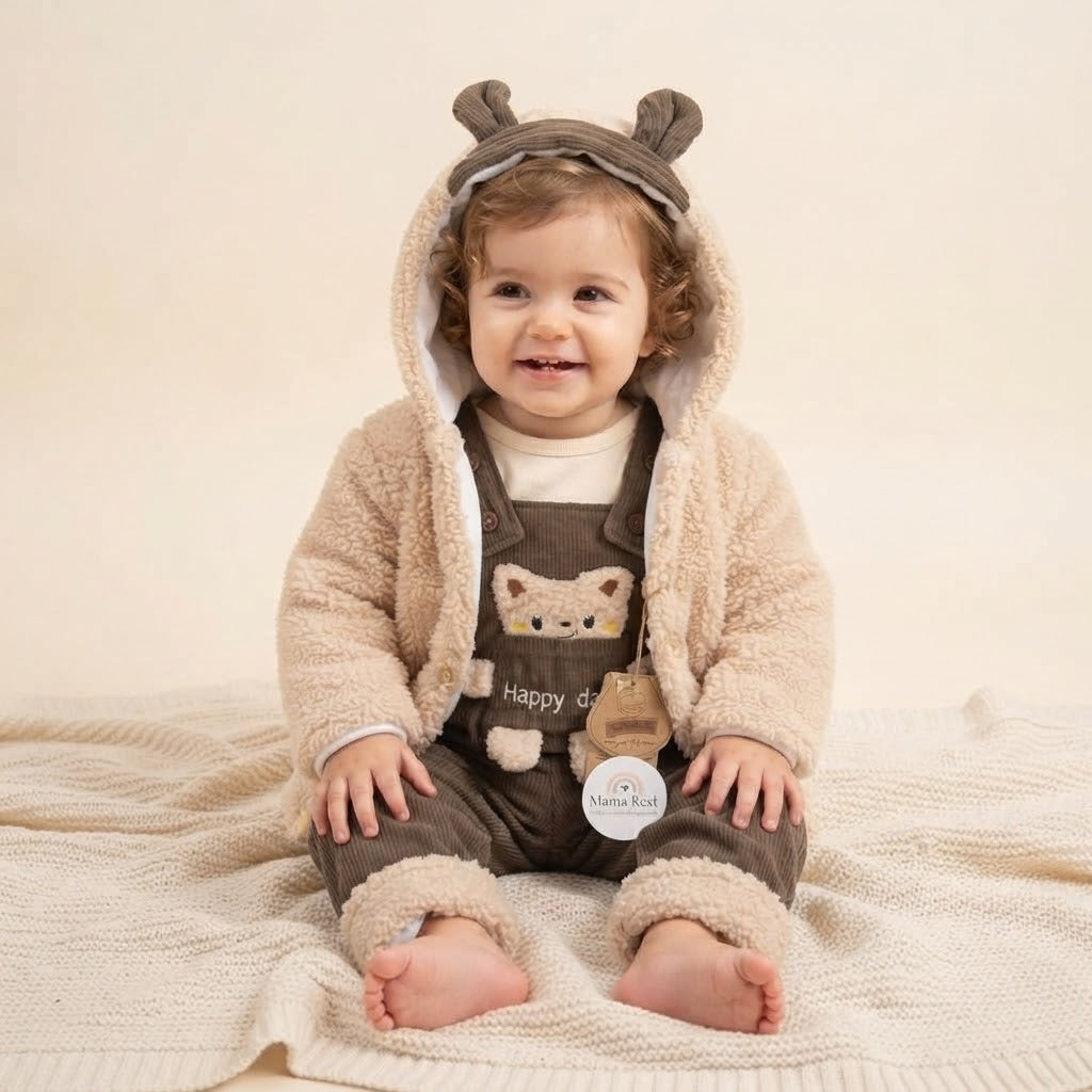 Teddy Bear Hooded Sherpa Jacket & Corduroy romper-Green