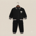 Black Corduroy Varsity Jacket and Pants Tracksuit Set for Boys