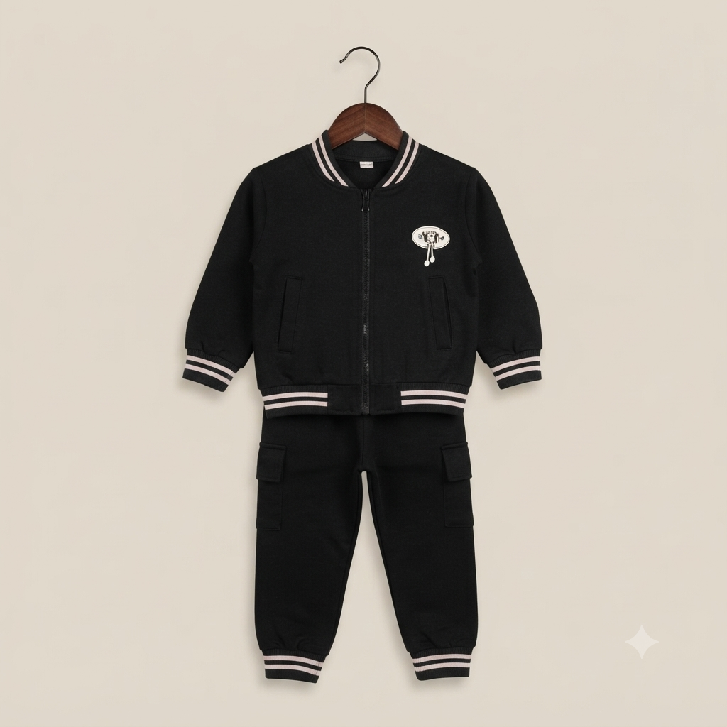 Black Corduroy Varsity Jacket and Pants Tracksuit Set for Boys