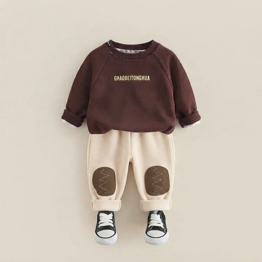 Brown & Cream Green Kids Letter Print Fleece Sweatshirt and Patch Detail Pants Set
