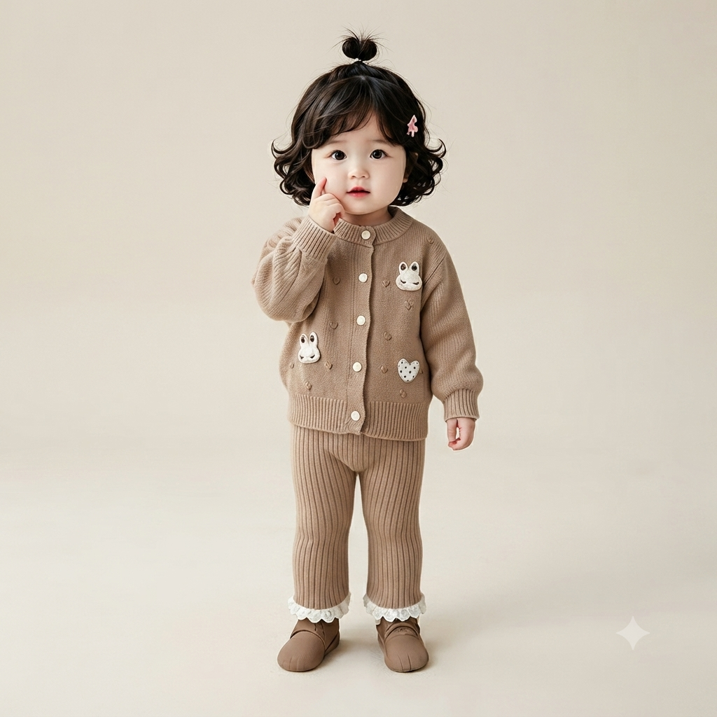 Cute Bunny and Heart Applique Knit Cardigan and Pants Set