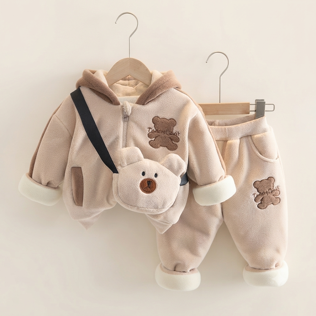 Toddler Cuddle Thick Bear 3-Piece Tracksuit- Cream Brown