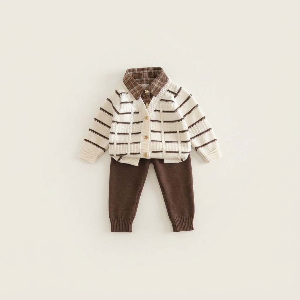 Baby Boy Plaid Collar Knitted Cardigan & Pants Set-White