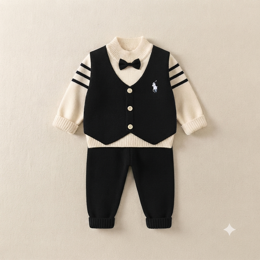 Baby Gentleman Knit Vest & Sweater Set-Black